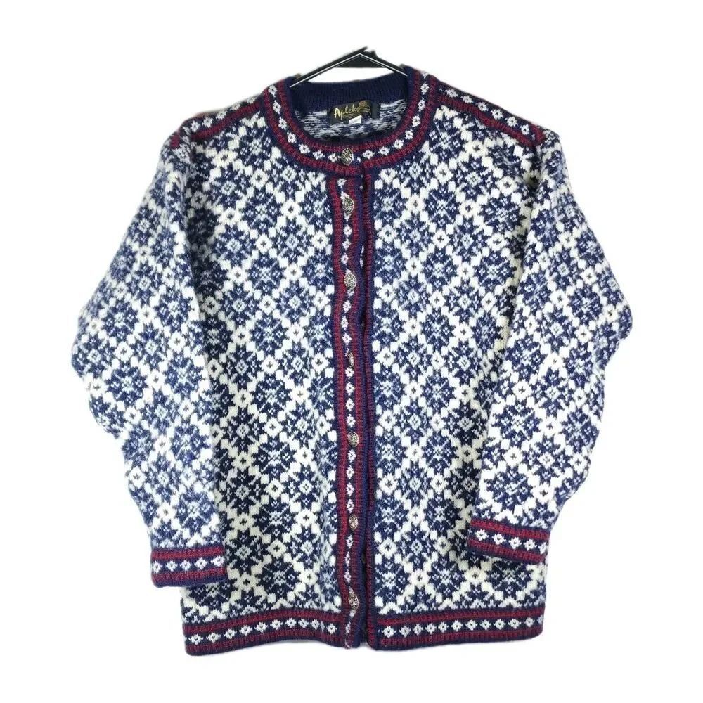 Apleks Women's Sz XS 100% Wool Blue Fair Isle Nordic Design Cardigan Sweater